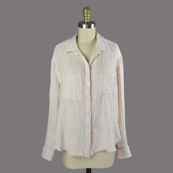 URBAN OUTFITTERS LUCA GAUZE FRAYED HEM BUTTON DOWN SHIRT - Picture 1 of 8